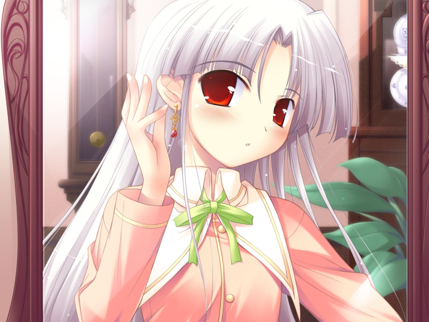 earrings female female_pov game_cg grey_hair happiness! highres jewelry ko~cha long_hair mirror pov red_eyes school_uniform shikimori_ibuki solo windmill_(company)