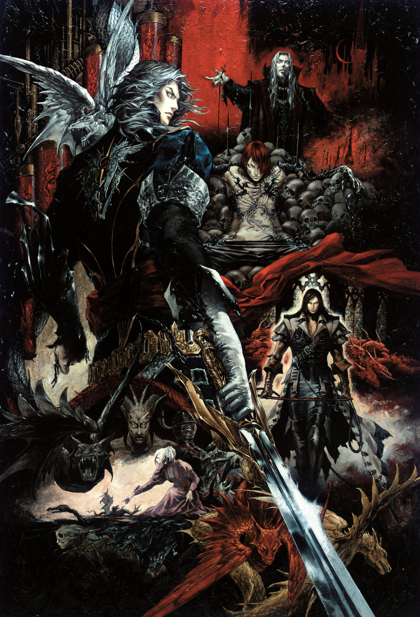 5boys absurdres bishounen castlevania:_curse_of_darkness castlevania_(series) demon dracula_(castlevania) female hector_(castlevania) highres isaac_(castlevania) julia_laforeze kojima_ayami male_focus monster multiple_boys official_art photoshop_(medium) skull sword traditional_media trevor_c._belmont vampire weapon whip