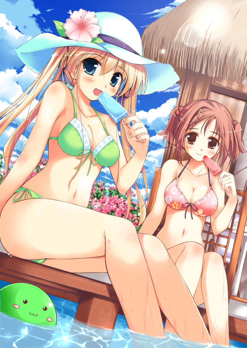 2girls absurdres aqua_eyes bikini blonde_hair breasts cleavage cloud day dutch_angle floral_print flower food food-themed_hair_ornament hair_ornament hairpin happiness! hat hibiscus highres hiiragi_anri ice_cream kamisaka_haruhi ko~cha long_hair medium_breasts multiple_girls outdoors popsicle sitting sky soaking_feet strawberry_hair_ornament swimsuit twintails water wet windmill_(company)