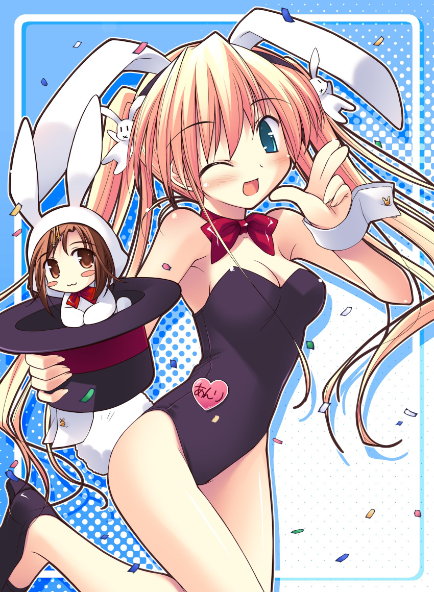 2girls absurdres animal_costume animal_ears aqua_eyes artist_request bare_legs blonde_hair chibi confetti happiness! hat highres hiiragi_anri kamisaka_haruhi long_hair multiple_girls one_eye_closed playboy_bunny rabbit_costume rabbit_ears top_hat twintails windmill_(company)