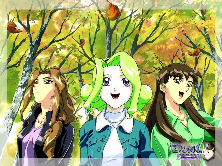 3girls artist_request autumn brown_eyes brown_hair d_(dual!_parallel_trouble_adventure) dual!_parallel_trouble_adventure green_hair hairband leaf long_hair multiple_girls purple_eyes rara_mitsuki sanada_mitsuki