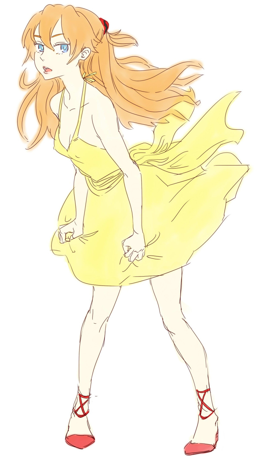 blue_eyes commentary_request dress female hachimitsuboi highres long_hair neon_genesis_evangelion red_hair sketch solo souryuu_asuka_langley yellow_dress