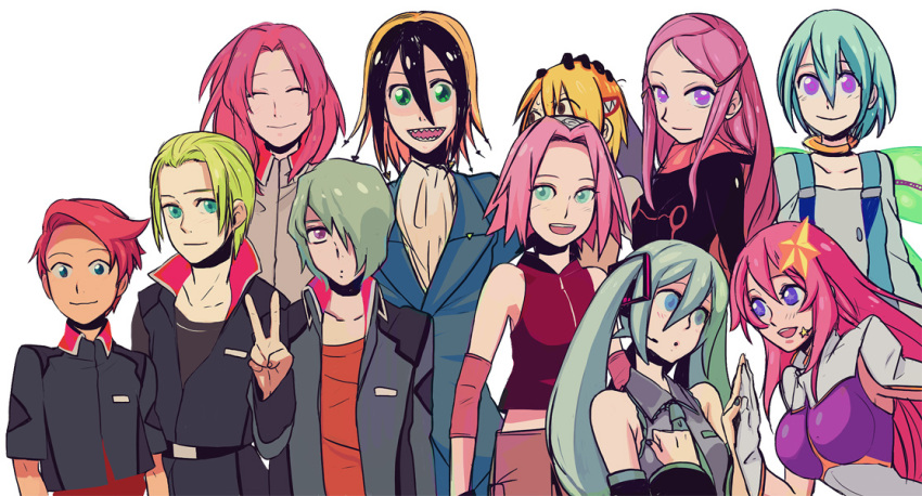 4boys 6+girls anemone_(eureka_seven) annotated bad_id bad_pixiv_id blonde_hair clotho_buer dyed_bangs eureka_(eureka_seven) eureka_seven eureka_seven_(series) flay_allster green_hair gundam gundam_seed gundam_seed_destiny hair_ornament hatsune_miku holding_hands katsuragi_yako kitayama majin_tantei_nougami_neuro meer_campbell multiple_boys multiple_girls naruto naruto_(series) nougami_neuro orga_sabnak pink_hair sakura_haruno shani_andras short_hair star_(symbol) star_hair_ornament v vocaloid