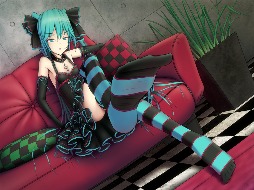 blue_eyes blue_hair dress flat_chest hatsune_miku kujira-kousen long_hair thighhighs twintaills vocaloid