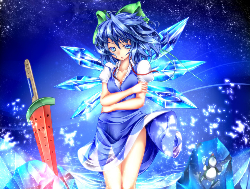 aged_up blue_eyes blue_hair bow breasts cirno cleavage commentary_request female food frog frozen frozen_frog fruit hairbow highres ice medium_breasts monikano necktie partial_commentary popsicle_stick short_hair solo sword teenage touhou undone_necktie watermelon weapon wind wings