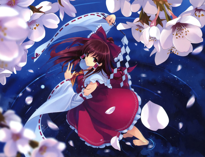 cradle flowers hakurei_reimu japanese_clothes long_hair misaki_kurehito petals scan touhou water