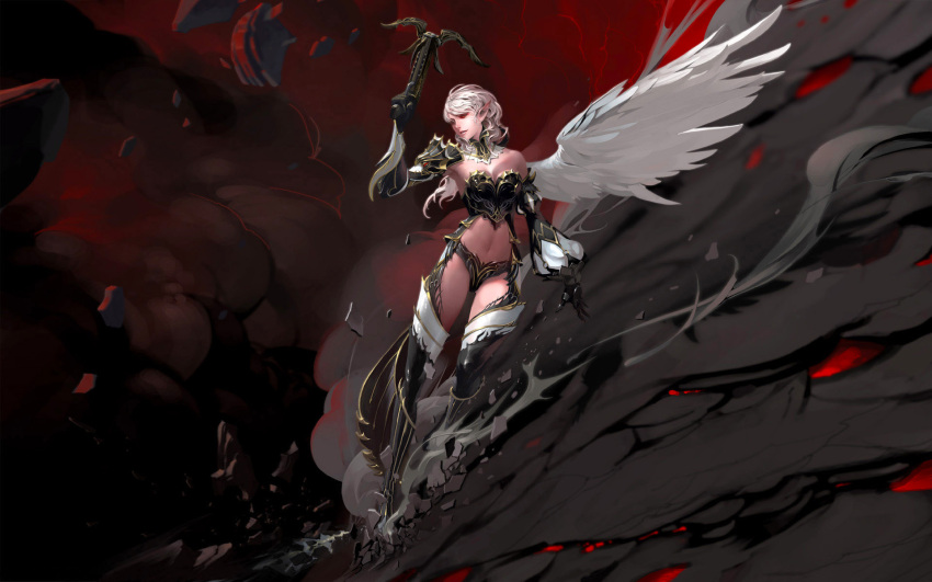 armor crossbow kamael lineage_2 long_ear one_wing pink_skin smoke wallpaper