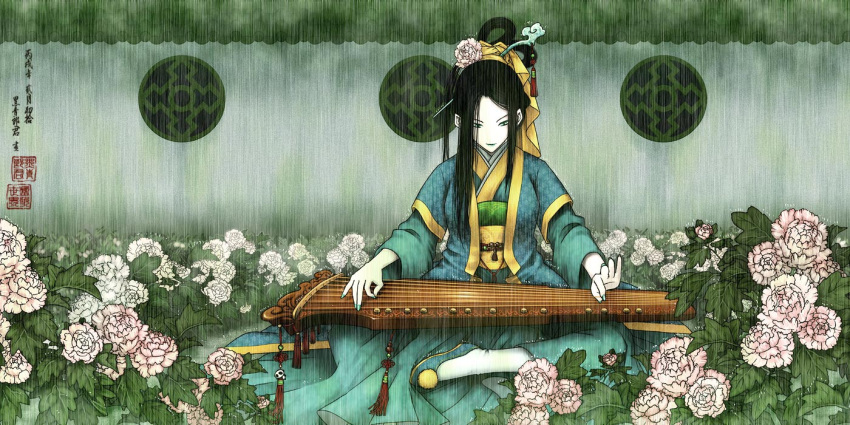 antaria black_hair chinese_clothes chinese_commentary commentary_request female flower guqin guzheng hair_ornament hanfu instrument lattice long_hair nail_polish no_nose original pale_skin peony_(flower) rain round_window sitting solo window