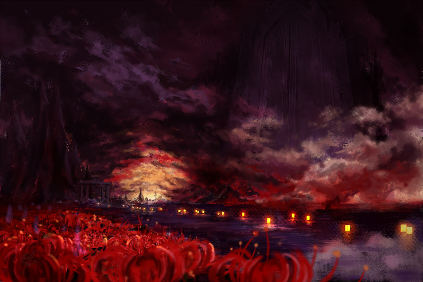 boat c.z. cloud commentary_request dark faux_traditional_media female flower gensokyo highres lantern lantern_on_liquid mountain no_humans onozuka_komachi outdoors paper_lantern phantasmagoria_of_flower_view red_flower river sanzu_river scenery scythe spider_lily sunset touhou tree water watercraft