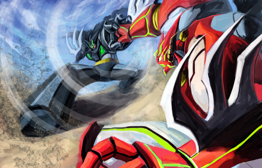 arm_blade bad_id bad_pixiv_id battle black_getter cape getter_robo glowing glowing_eyes highres mecha no_humans photoshop_(medium) robot ryou-k shin_getter-1 shin_getter_robo super_robot weapon