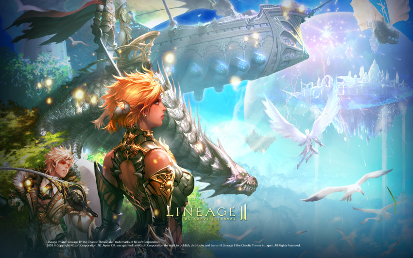 armor cape dark_elf earring island kamael lineage_2 one_wing orange_hair rapier seagull sword transformation wallpaper