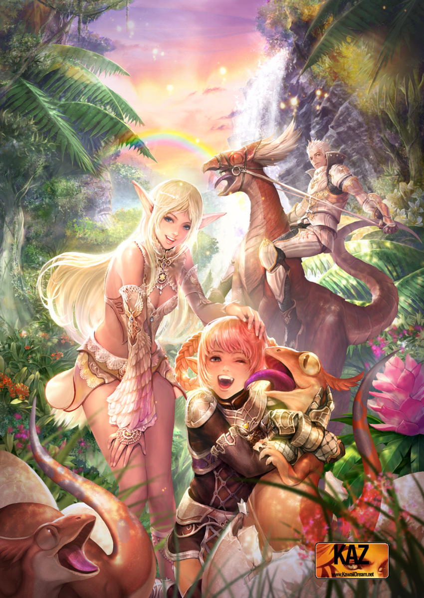 armor cg dinosaur dwarf elf feathers flower human lineage_2 long_hair rainbow scene thighigh waterfall