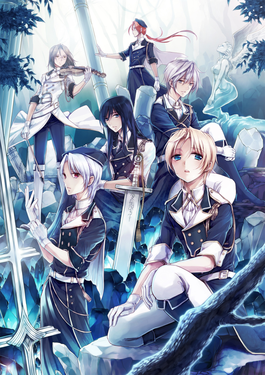 6+boys anz_(starry) black_hair blonde_hair blue_eyes boots boris_jinneman children_of_the_rune commentary_request glasses gloves grey_eyes hat highres instrument joshua_von_arnim lanziee_rozen_kranz long_hair lucian_kaltz maximin_liebkne multiple_boys photoshop_(medium) ponytail red_hair short_hair silver_hair sivelin_uuo statue sword tales_weaver thighhighs uniform violin weapon white_legwear wings