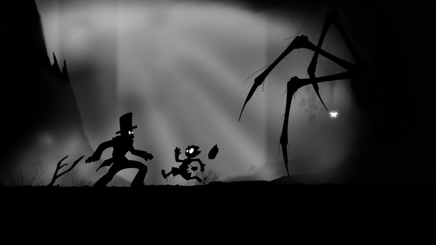 2boys bag beret bug butterfly commentary_request crossover dark glowing glowing_eyes grass greyscale hat hershel_layton highres limbo_(game) luke_triton monochrome multiple_boys photoshop_(medium) professor_layton running satchel shorts sieberwolf silhouette spider top_hat