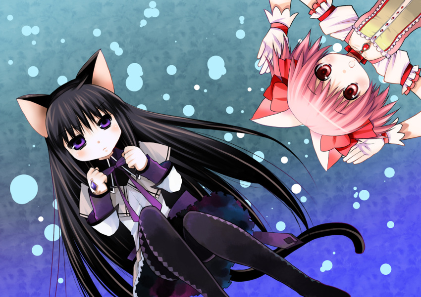 2girls akemi_homura akemi_homura_(magical_girl) animal_ears black_hair blush cat_ears cat_tail commentary_request kagesaki_yuna kaname_madoka kaname_madoka_(magical_girl) long_hair magical_girl mahou_shoujo_madoka_magica mahou_shoujo_madoka_magica_(anime) multiple_girls pantyhose photoshop_(medium) pink_eyes pink_hair purple_eyes tail