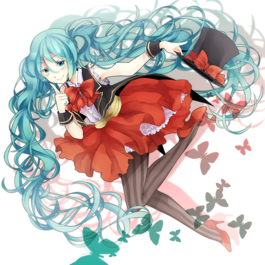 aqua_eyes aqua_hair commentary_request female hat hatsune_miku high_heels highres long_hair pantyhose petticoat pointing sachikan shoes skirt smile solo striped_clothes striped_pantyhose top_hat twintails vertical-striped_clothes vertical-striped_pantyhose very_long_hair vocaloid wrist_cuffs