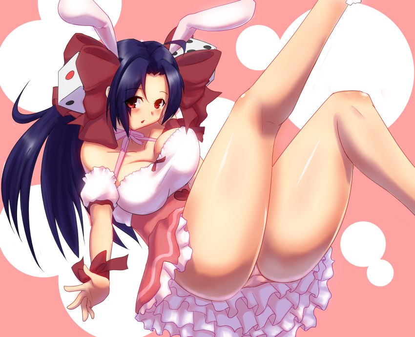 animal_ears bare_shoulders blue_hair blush bow breasts commentary_request cosplay di_gi_charat dice dice_hair_ornament dress female hair_ornament highres idolmaster idolmaster_(classic) large_breasts legs long_hair miura_azusa panties parted_lips pink_panties rabbit_ears red_eyes ribbon solo thick_thighs thighs underwear usada_hikaru usada_hikaru_(cosplay) wrist_cuffs yamaneko_ken