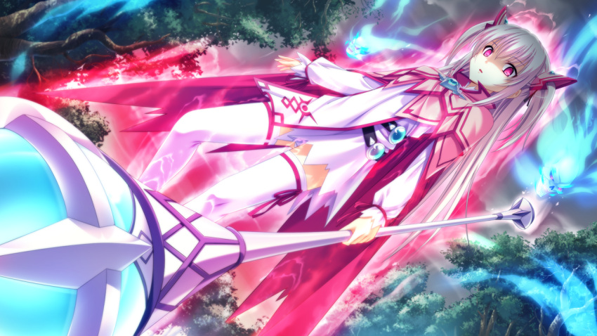 belt corona cygnus_(artist) female female game_cg holding holding_weapon kikouyoku_senki_gin_no_toki_no_corona:_fortune_dragon's kikouyoku_senki_ii_gin_no_toki_no_corona long_hair long_sleeves looking_at_viewer magic magical_girl odagiri_corona pink_eyes pink_ribbon ribbon skull sleeves_past_wrists solo staff thighhighs twintails weapon white_hair white_legwear zettai_ryouiki