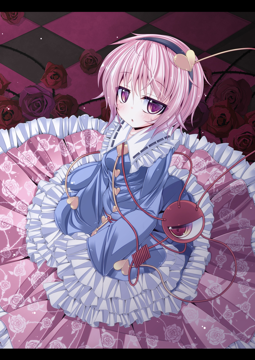 absurdres adapted_costume argyle_background buttons commentary_request eyeball female flower frilled_skirt frills futase_hijiri hairband has_bad_revision has_downscaled_revision heart highres komeiji_satori letterboxed long_sleeves md5_mismatch open_mouth patterned pink_eyes pink_hair red_flower red_rose resolution_mismatch rose shirt short_hair skirt solo source_smaller third_eye thorns touhou