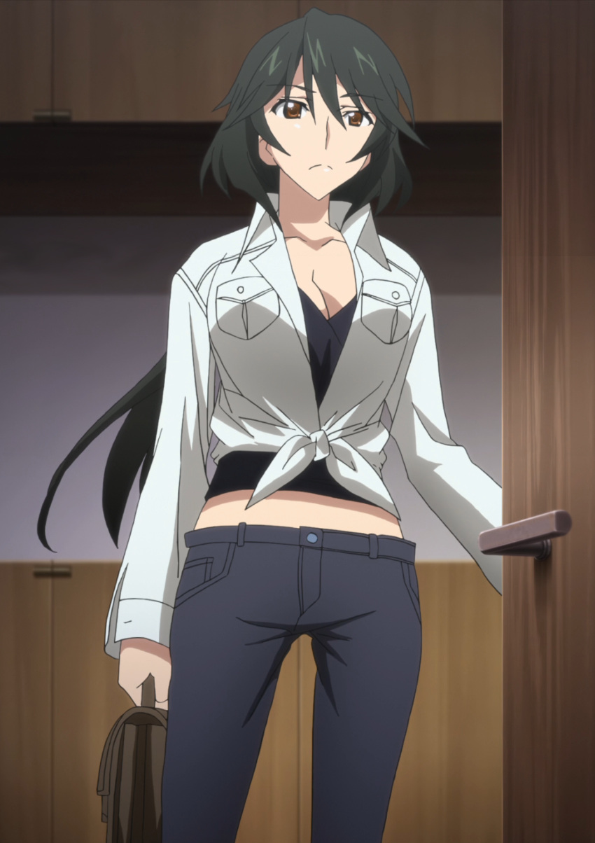 black_hair black_jean hand_bag infinite_stratos orimura_chifuyu screen_capture tied_shirt white_shirt