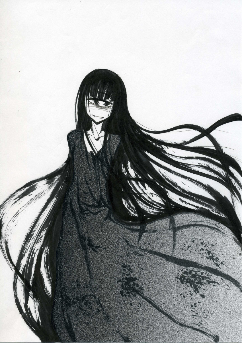 absurdres blush commentary_request cyclops dress female gradient greyscale highres kurosaki_rendou long_hair monochrome one-eyed original simple_background smile traditional_media very_long_hair