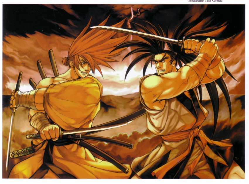 2boys artbook bandages battle black_hair dougi dual_wielding hair_over_one_eye hakama hakama_skirt haoumaru holding japanese_clothes katana long_hair male_focus multiple_boys muscular muscular_male official_art ponytail promotional_art red_hair samurai_spirits scabbard scan sheath skirt snk sword takkun_(snk) tokugawa_yoshitora weapon