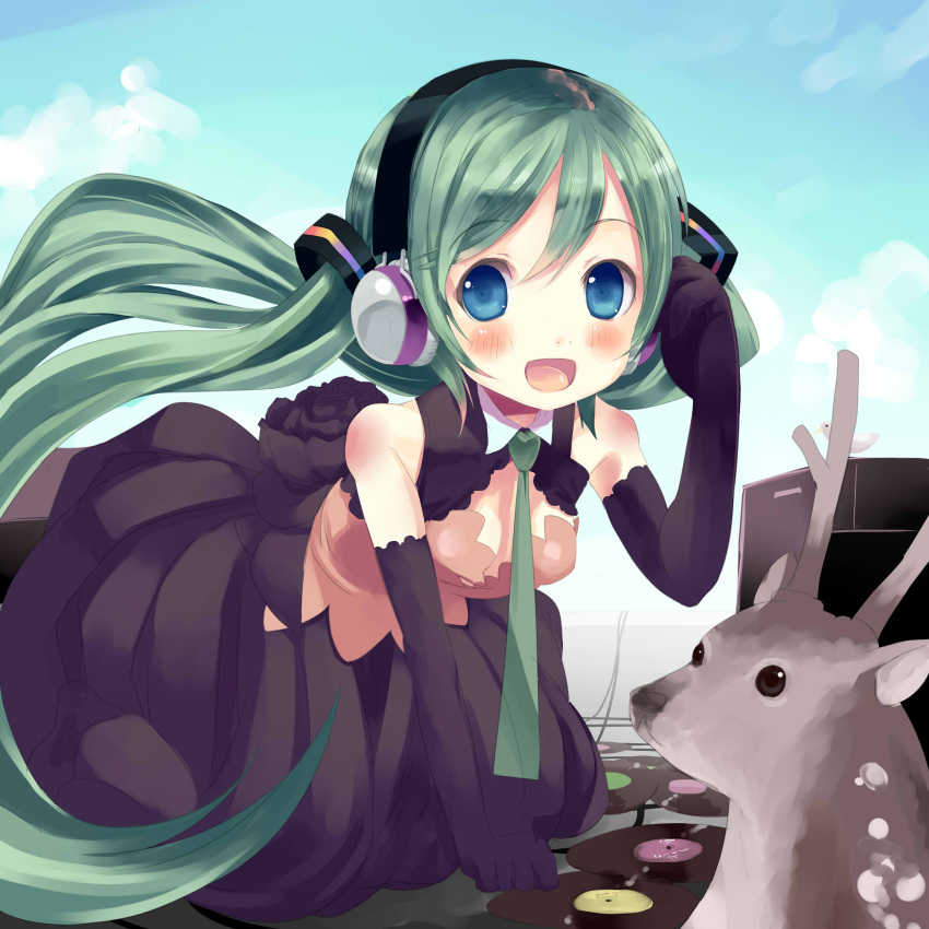 :d absurdres animal black_gloves blue_eyes blush commentary_request deer dress elbow_gloves female gloves green_hair hatsune_miku headphones highres kneeling long_hair necktie open_mouth record shiro_(octet) smile solo twintails very_long_hair vocaloid