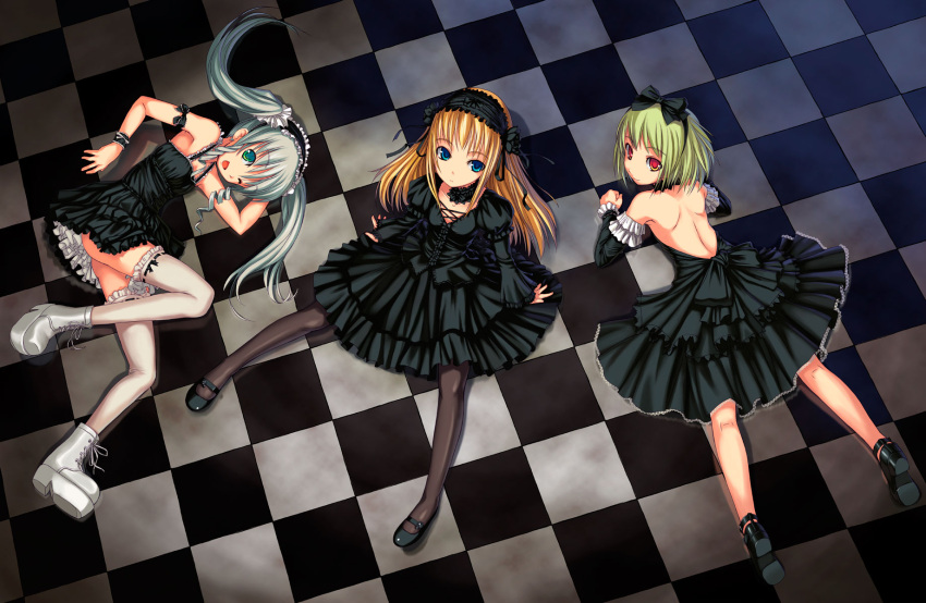 3girls arm_garter bare_back bare_shoulders black_legwear blonde_hair blue_eyes boots bosshi bow checkered_floor commentary_request cross-laced_footwear detached_collar detached_sleeves dress frills from_above goth_fashion gothic_lolita green_eyes green_hair hairband hairbow highres lolita_fashion lolita_hairband looking_back lying mary_janes multiple_girls on_side on_stomach one_eye_closed original pantyhose red_eyes shoes silver_hair sitting smile thighhighs twintails white_legwear wrist_cuffs