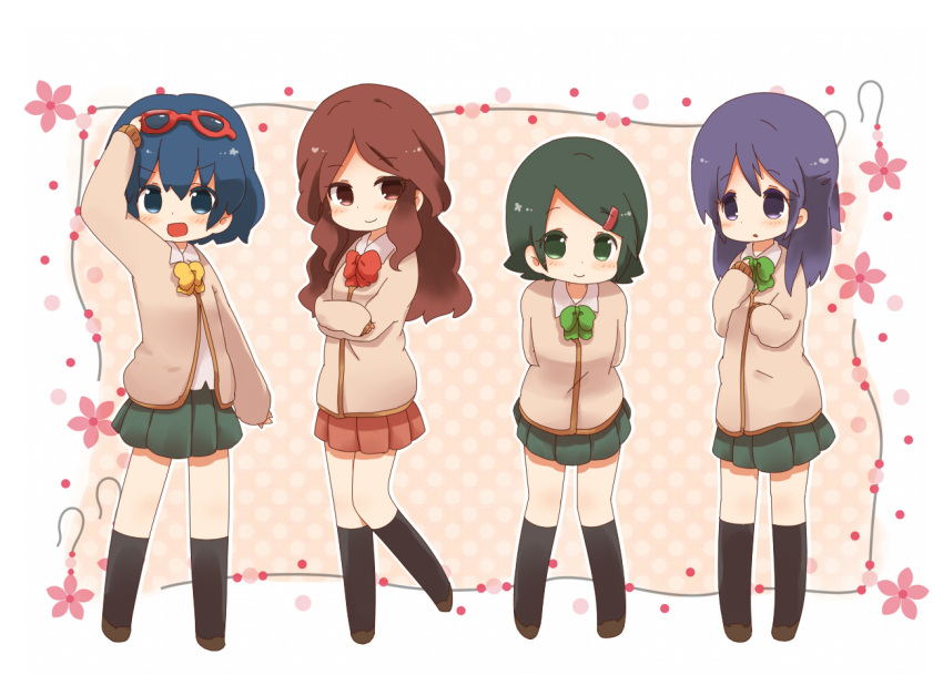 4girls bad_id bad_pixiv_id blue_eyes blue_hair brown_eyes brown_hair chibi green_eyes green_hair inazuma_eleven inazuma_eleven_(series) kino_aki kofa_(ikyurima) kudou_fuyuka long_hair multiple_girls otonashi_haruna purple_eyes purple_hair raimon_natsumi school_uniform short_hair