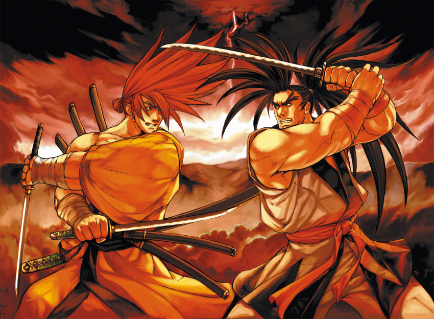 2boys bandages battle black_hair dougi dual_wielding duel hair_over_one_eye hakama hakama_skirt haoumaru highres holding japanese_clothes katana long_hair male_focus multiple_boys muscular official_art photoshop_(medium) ponytail promotional_art red_hair samurai samurai_spirits scabbard sheath skirt sword takkun_(snk) tokugawa_yoshitora weapon