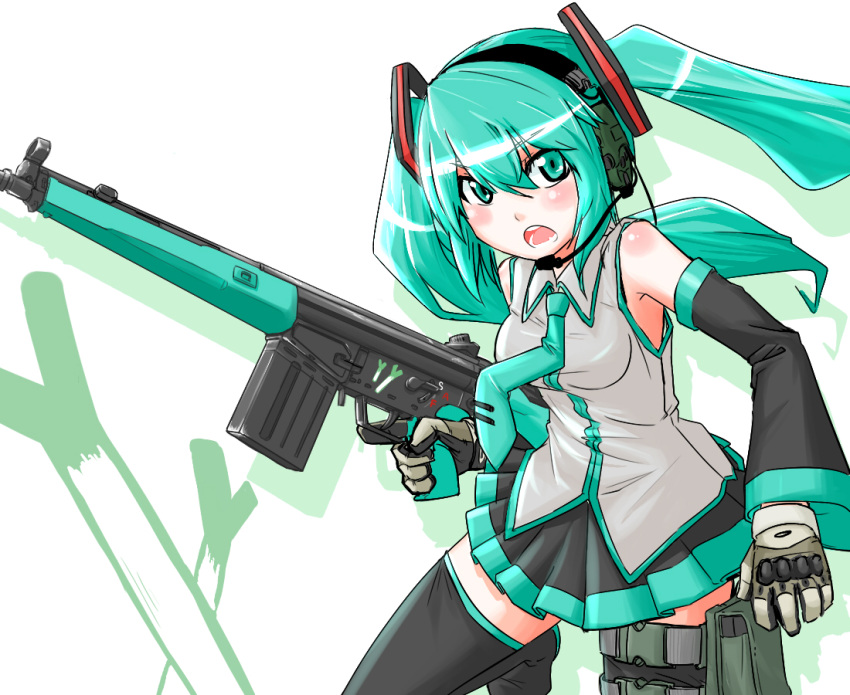 bad_id bad_pixiv_id battle_rifle commentary detached_sleeves female gun h&k_g3 hatsune_miku headset long_hair military rifle shino_(r_shughart) solo spring_onion thighhighs trigger_discipline twintails vocaloid weapon zettai_ryouiki