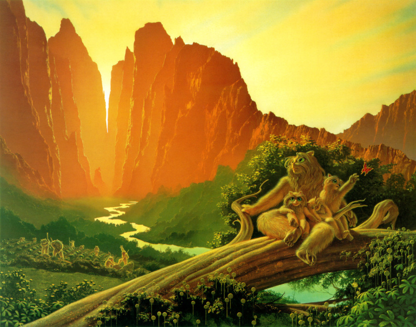 1982 ambiguous_gender anthro arthropod butterfly canyon casual_nudity detailed_background fantasy female fur grass green_eyes group hill insects landscape lepidopteran michael_whelan mountain nature nude outside plant river sky sunset tail tree unknown_species valley water young young_anthro