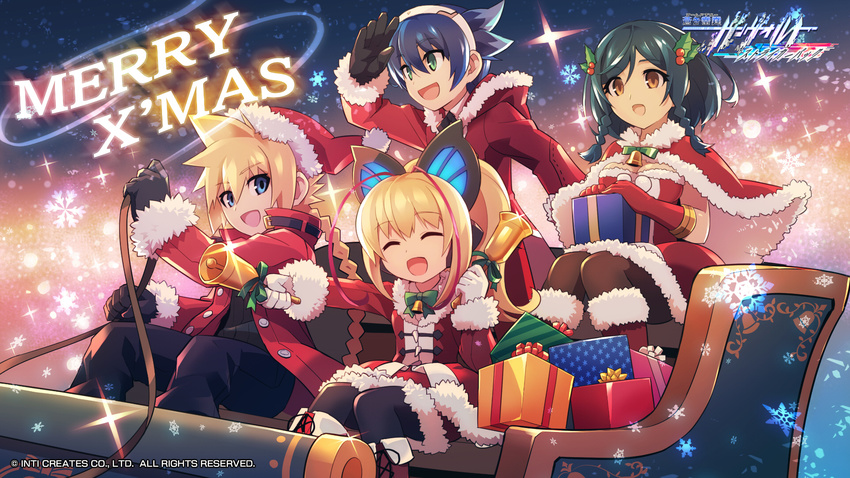 2boys 2girls azure_striker_gunvolt azure_striker_gunvolt_2 bell blonde_hair blue_hair braid christmas gift gunvolt hatakeyama_yoshitaka highres lumen_(gunvolt) merry_christmas multicolored_hair multiple_boys multiple_girls official_art ouka_(gunvolt) santa_costume sleigh smile spiked_hair twin_braids two-tone_hair watermark xiao_wu_(gunvolt)