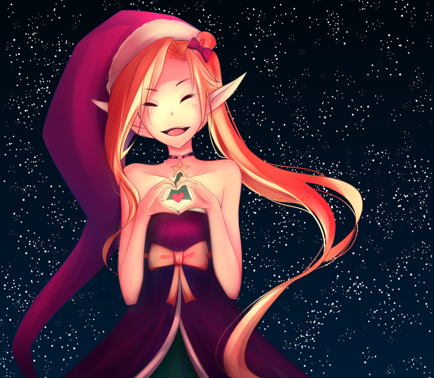 :d absurdres ambitious_elf_jinx bare_arms bare_shoulders blonde_hair bow choker closed_eyes collarbone dress facing_viewer female hairbow hands_up hat head_tilt heart heart_hands highres jinx_(league_of_legends) league_of_legends long_hair night night_sky open_mouth orange_ribbon pink_hat pointy_ears purple_bow purple_choker purple_dress rebyo ribbon santa_hat self-upload sky smile solo star_(sky) star_(symbol) starry_sky strapless strapless_dress very_long_hair