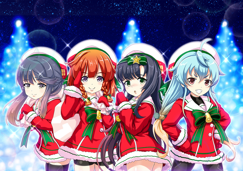 bell black_hair black_legwear blue_hair bob_cut braid christmas dress etorofu_(kantai_collection) gloves gradient_hair green_eyes green_ribbons hat highres kantai_collection lights long_hair long_sleeves matsuwa_(kantai_collection) multicolored_hair multiple_girls night orange_hair pantyhose purple_eyes purple_hair red_dress red_eyes red_gloves red_hair ribbon sado_(kantai_collection) santa_costume short_hair shorts shorts_under_skirt sidelocks smile thigh_strap thighhighs tied_hair tk8d32 tree tsushima_(kantai_collection) twin_braids white_beret