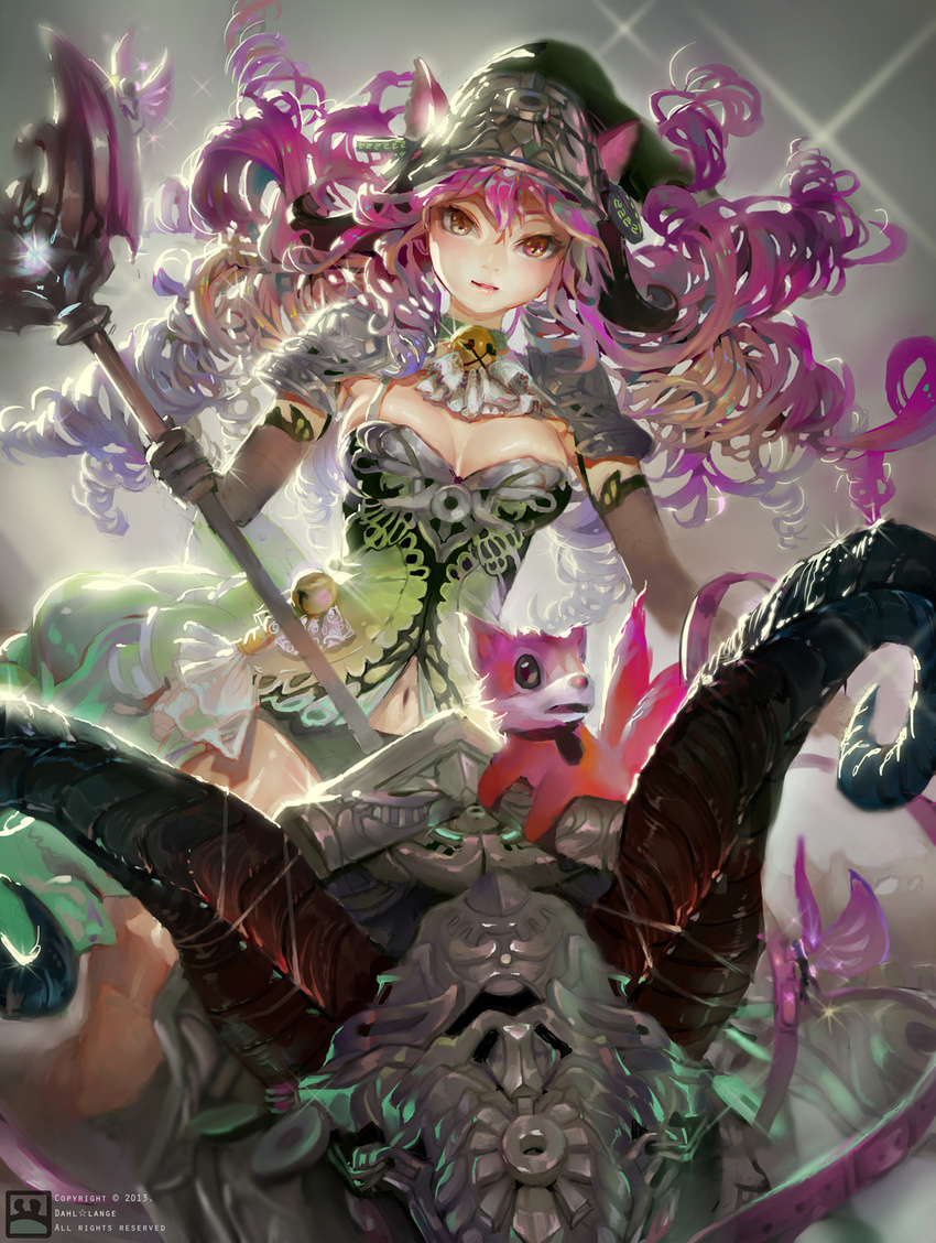 adapted_costume animal animal_ears bell blush breasts collar commentary_request crab_d dragon_trainer_lulu dress elbow_gloves fairy female gloves hat highres horns humanization league_of_legends long_hair lulu_(league_of_legends) medium_breasts navel photoshop_(medium) pix_(league_of_legends) purple_hair riding staff watermark witch_hat