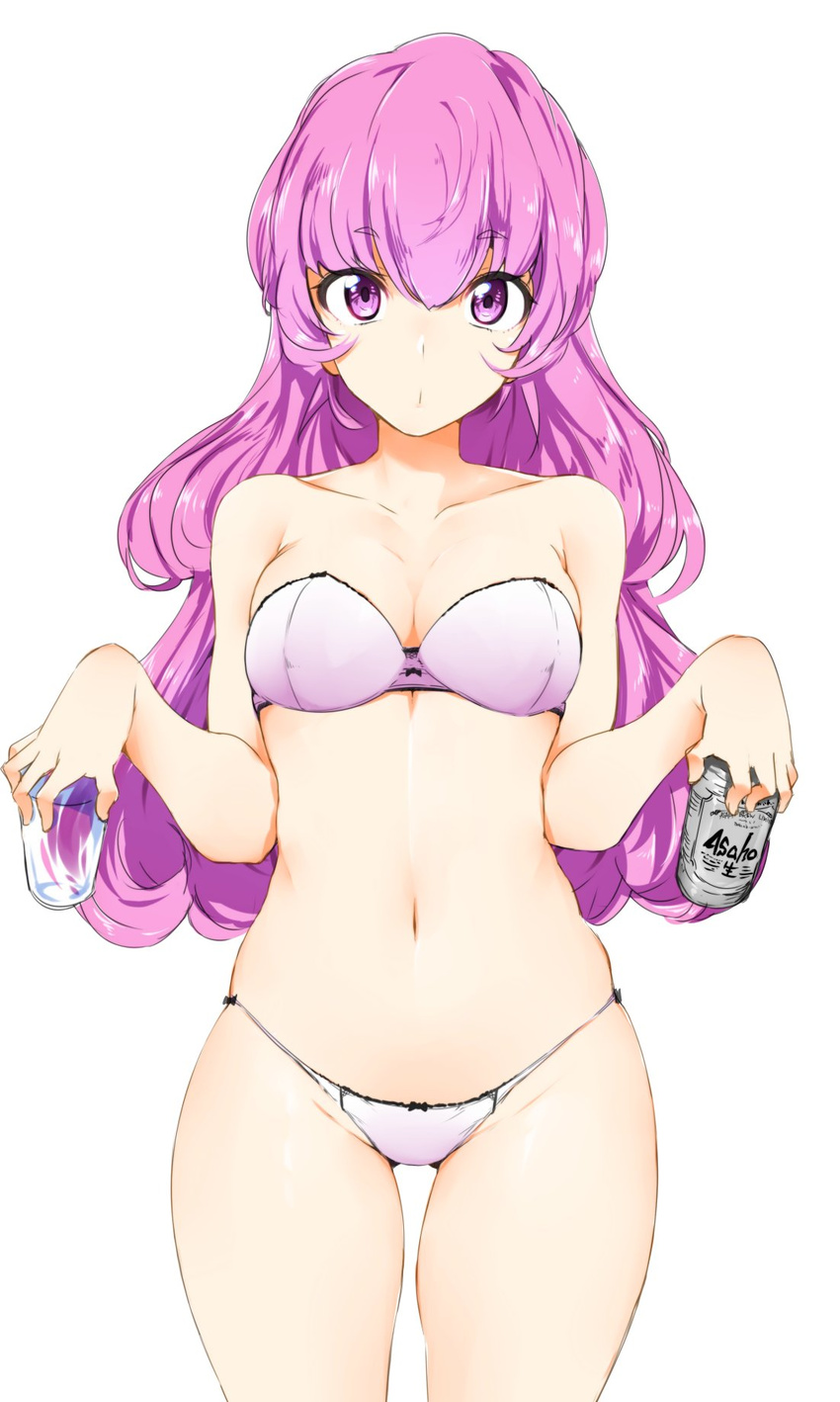 asahi_breweries bare_shoulders bebebe_(pepegakii) beer_can bra breasts can cleavage commentary_request cowboy_shot cup drink_can drinking_glass female hair_between_eyes hands_up highres hip_focus holding holding_can holding_cup large_breasts long_hair looking_at_viewer navel pink_eyes pink_hair pursed_lips simple_background solo strapless strapless_bra thighs tokyo_7th_sisters underwear underwear_only wavy_hair white_background yusa_memoru