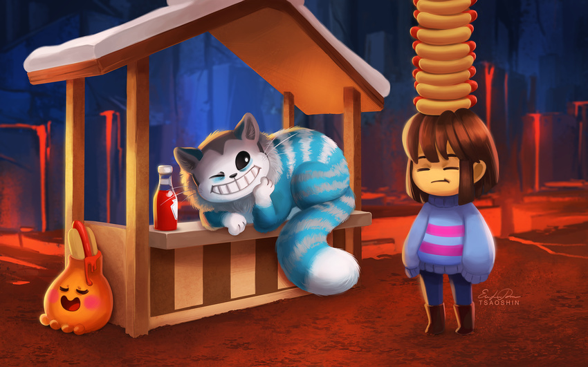 16:10 alice_in_wonderland alternate_species ambiguous_gender animate_inanimate blue_body blue_fur boots bottomwear brown_hair cheshire_cat_(species) closed_eyes clothed clothing crossover detailed_background digital_media_(artwork) digital_painting_(artwork) domestic_cat felid feline felis feral food footwear frisk_(undertale) fur grey_body grey_fur group hair hi_res hot_dog human ketchup lava male mammal multicolored_body multicolored_fur nude one_eye_closed open_mouth orange_body orange_skin pants rosy_cheeks sans_(undertale) sitting smile snow standing stripes sweater tan_body tan_skin topwear tsaoshin undertale undertale_(series) volcano vulkin whiskers white_body white_fur widescreen