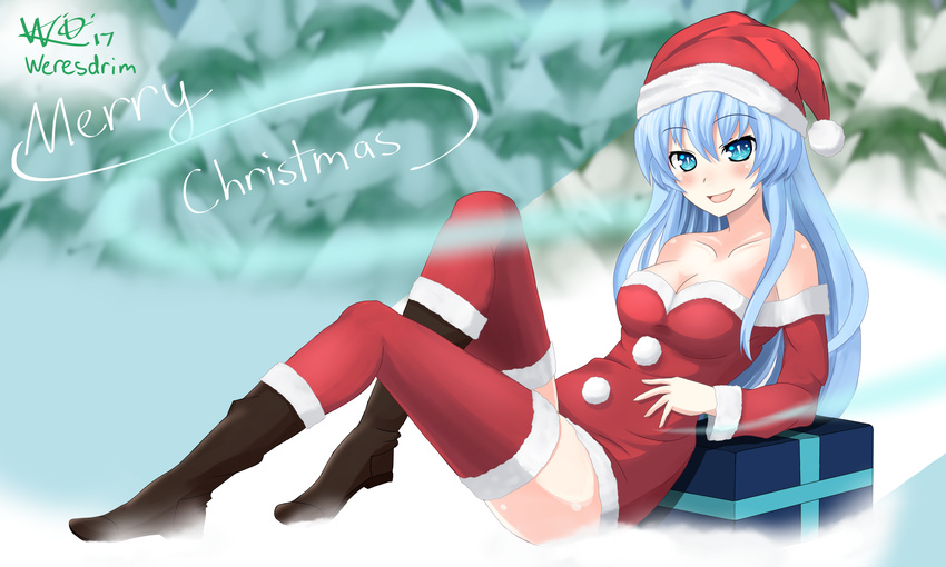 :d bad_id bad_pixiv_id bare_shoulders blue_eyes blue_hair boots breasts christmas cleavage collarbone commentary_request female fir_tree full_body fur_trim gift hat highres kami_jigen_game_neptune_v kiseijou_rei leaning_back long_hair long_sleeves looking_at_viewer medium_breasts neptune_(series) open_mouth outdoors red_thighhighs santa_costume santa_hat sitting smile solo symbol-shaped_pupils thighhighs tree weresdrim