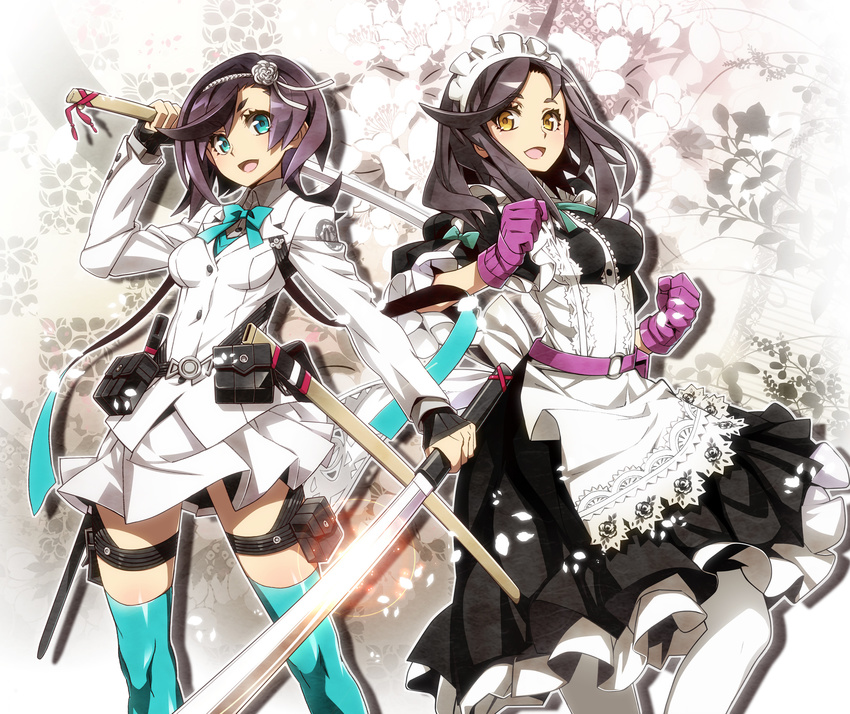 2girls 7th_dragon_(series) 7th_dragon_iii :d aqua_eyes aqua_thighhighs belt black_gloves black_hair commentary_request fingerless_gloves gloves god-hand_(7th_dragon) highres holding holding_sword holding_weapon katana long_hair looking_at_viewer maid maid_headdress multiple_girls nyoro_(nyoronyoro000) open_mouth photoshop_(medium) purple_gloves purple_hair samurai_(7th_dragon_series) sheath smile sword thigh_strap thighhighs weapon white_legwear yaiba_(7th_dragon_iii) yellow_eyes