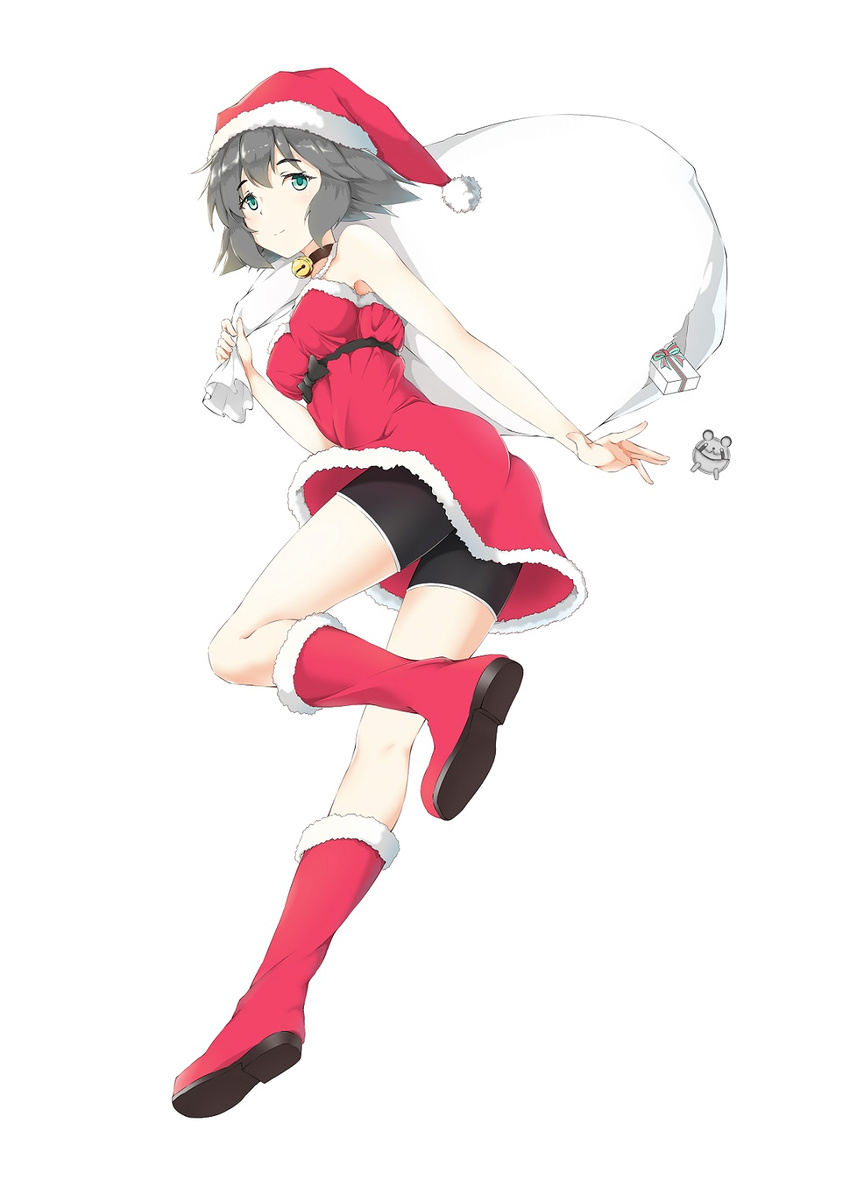 ass bare_shoulders bell bike_shorts black_hair boots breasts carrying_over_shoulder christmas collar commentary_request female full_body fur_trim green_eyes hat highres leg_up looking_at_viewer medium_breasts metal_upa neck_bell sack santa_boots santa_costume santa_hat shiina_mayuri short_hair simple_background solo steins;gate white_background xyh_(15283521)