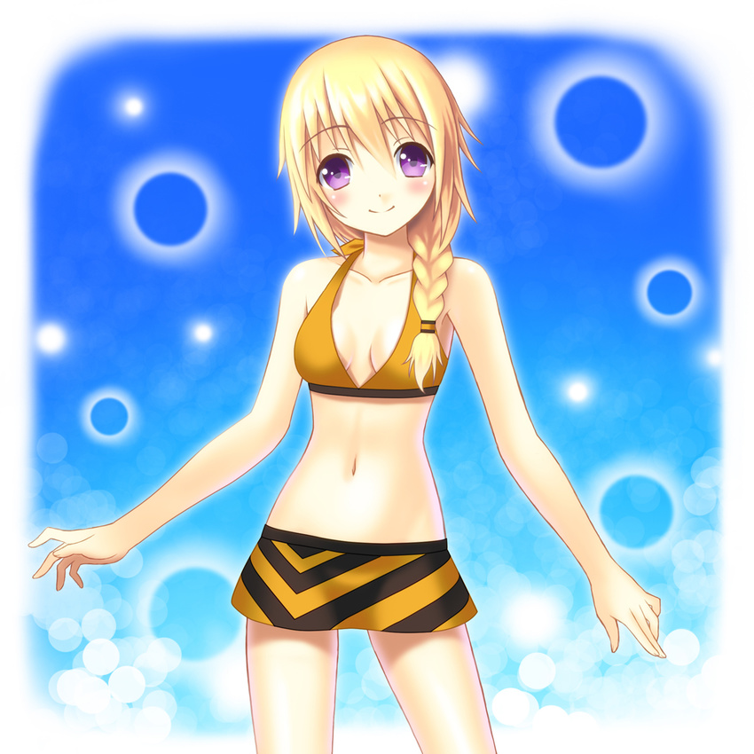 bikini blonde_hair braid charlotte_dunois commentary_request female highres infinite_stratos long_hair navel photoshop_(medium) setona_(daice) skirt solo swimsuit yellow_bikini