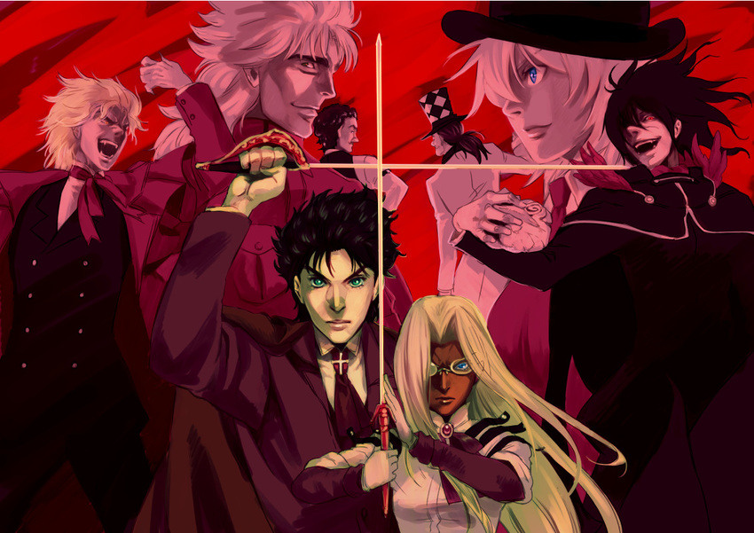 2girls 6+boys alucard_(hellsing) alucard_(hellsing)_(cosplay) commentary_request cosplay costume_switch crossover dio_brando hat hellsing integra_hellsing jojo_no_kimyou_na_bouken jonathan_joestar kabane_(follabi) multiple_boys multiple_girls phantom_blood rapier robert_e._o._speedwagon saber_(weapon) seras_victoria sword top_hat walter_c._dornez walter_c._dornez_(cosplay) weapon will_anthonio_zeppeli will_anthonio_zeppeli_(cosplay)