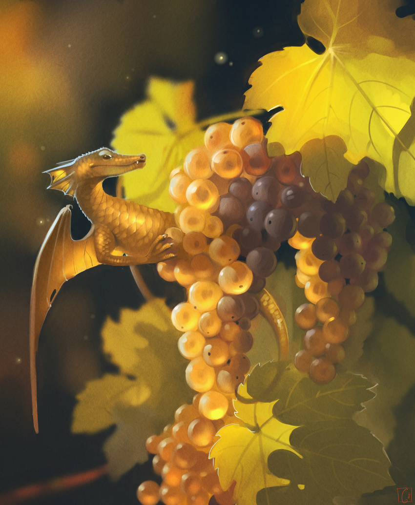 2016 absurd_res ambiguous_gender black_eyes detailed_background digital_media_(artwork) dragon fangs feral food frill_(anatomy) fruit gaudibuendia gold_scales grape head_crest head_frill hi_res leaf membrane_(anatomy) membranous_frill membranous_wings mythological_creature mythological_scalie mythology plant scalie signature solo tail teeth wings