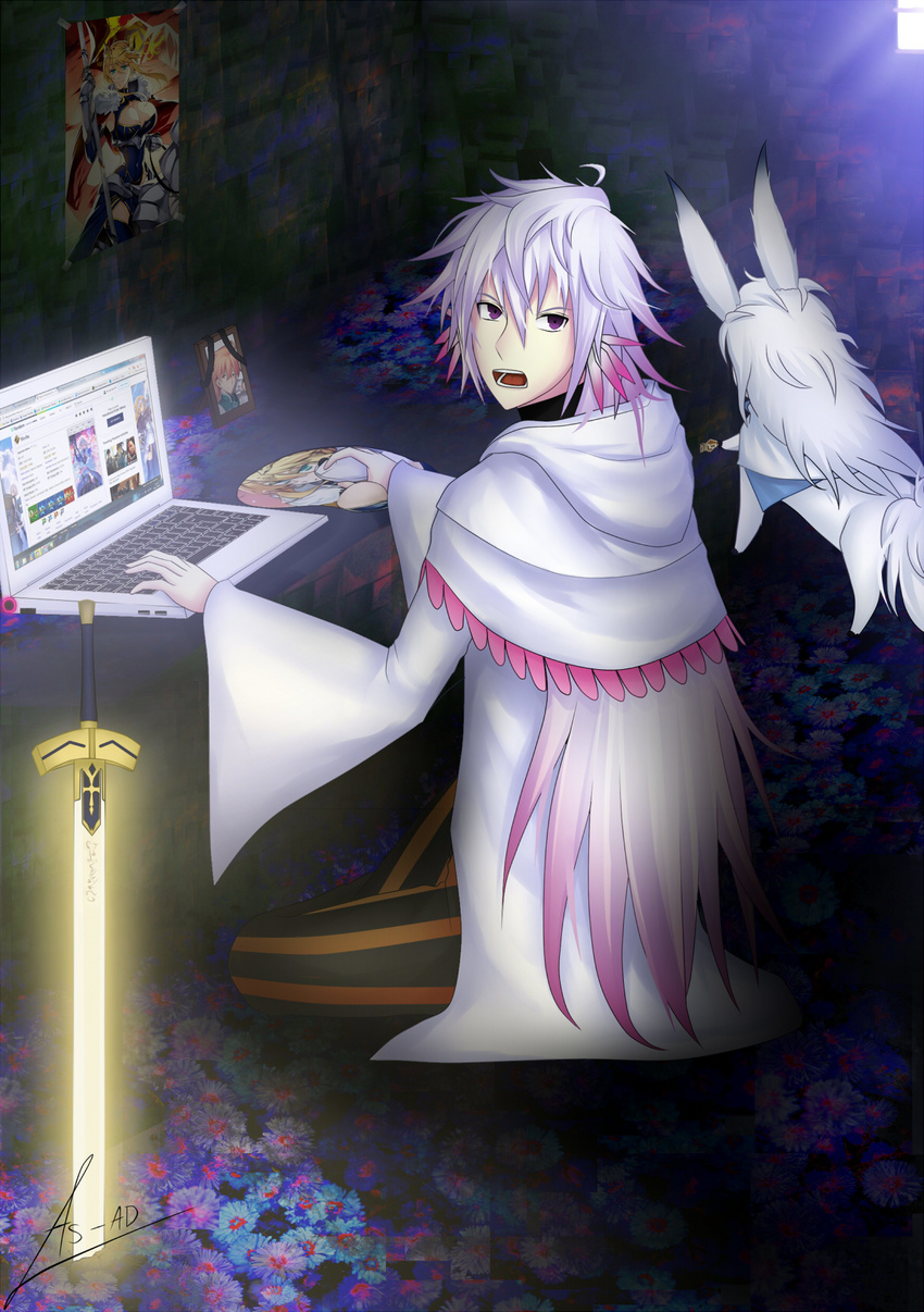 1boy ahoge animal_ears artoria_pendragon_(fate) artoria_pendragon_(lancer)_(fate) as-ad_(mlutfiasad) bad_id bad_pixiv_id bedroom commentary computer computer_mouse excalibur_(fate/stay_night) fate/grand_order fate_(series) flower fou_(fate) glowing glowing_sword glowing_weapon google_chrome gradient_hair hair_between_eyes highres hikikomori hooded_robe iei indoors jeanne_d'arc_(fate) jeanne_d'arc_(ruler)_(fate) laptop long_hair looking_back male_focus mash_kyrielight merlin_(fate) mousepad_(object) multicolored_hair neet open_mouth pants photo_(object) pink_hair poster_(object) purple_eyes robe romani_archaman signature sitting solo striped_clothes striped_pants sunlight sword very_long_hair weapon white_hair white_robe wikipedia window windows_7