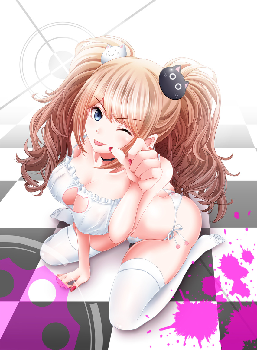 blood blue_eyes breasts cat_cutout cat_ear_panties cat_lingerie choker cleavage cleavage_cutout clothing_cutout commentary_request danganronpa:_trigger_happy_havoc danganronpa_(series) enoshima_junko female highres large_breasts long_hair looking_at_viewer meme_attire monokuma one_eye_closed panties photoshop_(medium) pink_blood pink_hair side-tie_panties solo spoilers suwakichi thighhighs twintails underwear underwear_only