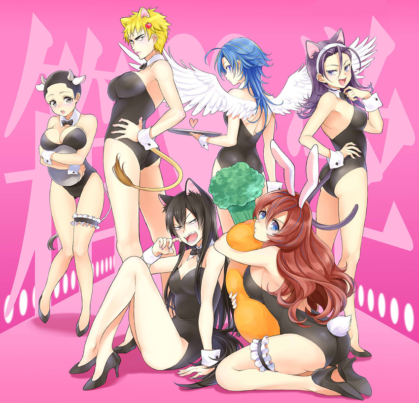 6+girls :d ahoge animal_ears annotated arakita_yasutomo bare_legs black_hair blonde_hair blue_eyes blue_hair blush bodysuit bow bowtie breasts carrot cat_ears cat_tail commentary_request cow_girl cow_horns cow_tail fake_animal_ears frills fukutomi_juichi full_body genderswap_(mtf) hands_on_own_hips heart high_heels highres horns hugging_object izumida_touichirou kisaragi_mizu kittysuit large_breasts leotard long_hair manami_sangaku multicolored_hair multiple_girls nontraditional_playboy_bunny open_mouth photoshop_(medium) pink_background playboy_bunny purple_hair rabbit_ears rabbit_tail red_hair rule_63 shinkai_hayato short_hair simple_background smile standing stuffed_carrot stuffed_toy tail teeth thigh_strap tomboy toudou_jinpachi tray twisted_torso v-shaped_eyebrows wings wrist_cuffs yowamushi_pedal