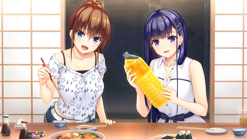 2girls aqua_eyes asami_asami blue_hair blush brown_hair drink food fujisaki_haruka game_cg hibiki_works long_hair natural_vacation oerba_yun_fang purple_eyes sarashina_yuzuki shorts