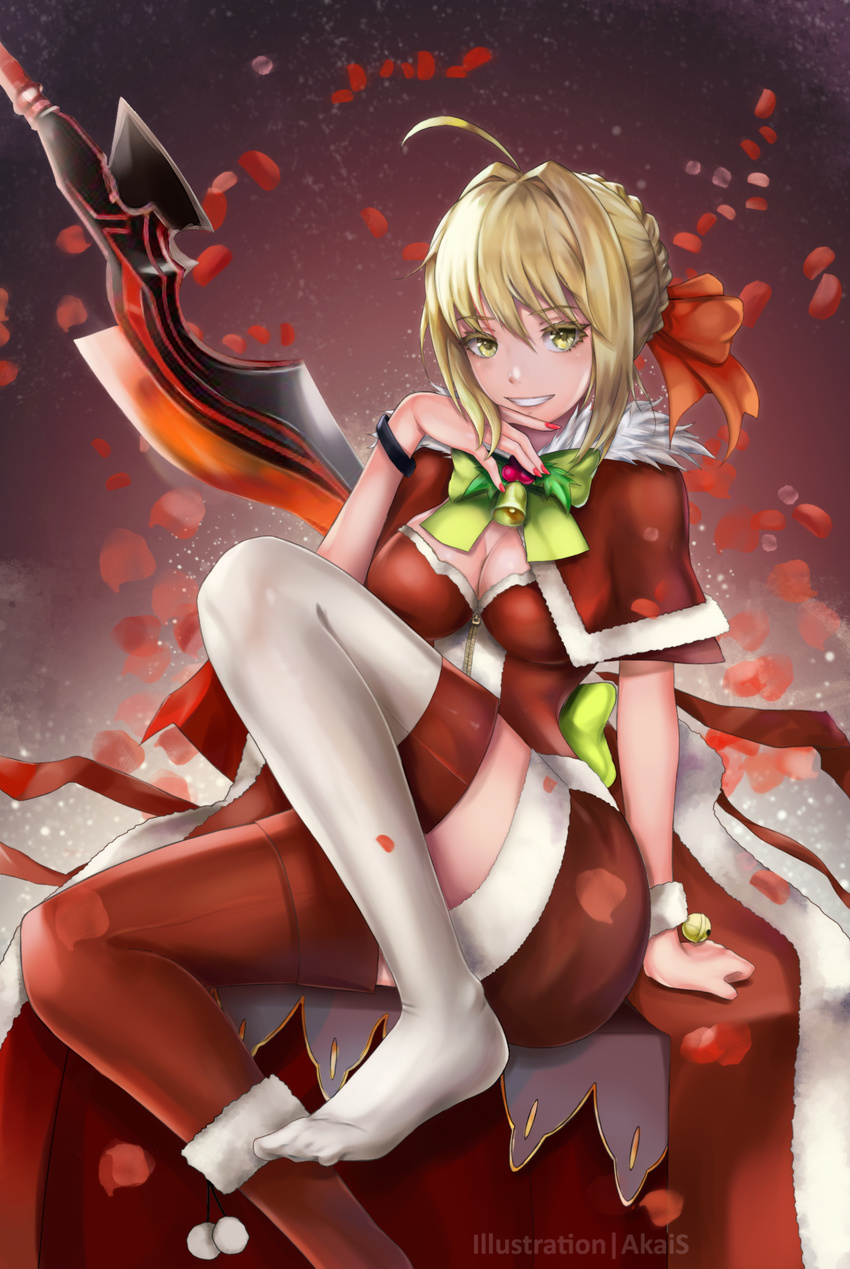 absurdres ahoge akaisu alternate_costume artist_name asymmetrical_legwear bell blonde_hair blush bow bowtie braid breasts cleavage commentary dress english_commentary fate/extra fate/grand_order fate_(series) female green_bow green_bowtie green_eyes hair_intakes hair_ornament hair_ribbon highres large_breasts leaf looking_at_viewer mismatched_legwear nail_polish nero_claudius_(fate) nero_claudius_(fate/extra) no_shoes photoshop_(medium) pink_nails red_legwear ribbon santa_costume short_hair sitting smile solo sword weapon white_legwear wristband