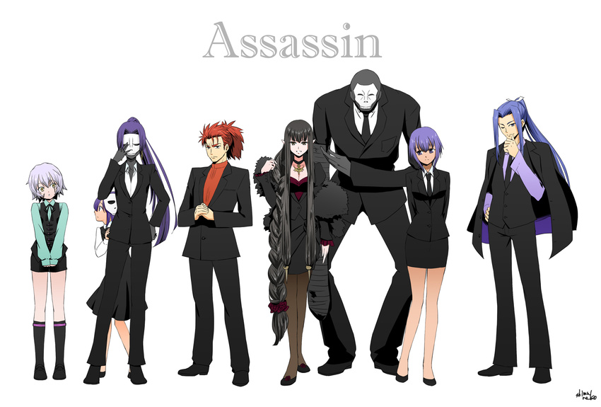 3boys 5girls alternate_costume assassin_(fate/zero) bandaged_arm bandages black_hair black_skin bowing braid business_suit child_assassin_(fate/zero) colored_skin commentary_request cracking_knuckles fate/apocrypha fate/extra fate/grand_order fate/hollow_ataraxia fate/prototype fate/prototype:_fragments_of_blue_and_silver fate/stay_night fate/zero fate_(series) female_assassin_(fate/zero) formal hairdressing hassan_of_serenity_(fate) hassan_of_the_cursed_arm_(fate) highres jack_the_ripper_(fate/apocrypha) jacket jacket_on_shoulders jewelry li_shuwen_(fate) li_shuwen_(young)_(fate) lineup long_hair mask matching_outfits multiple_boys multiple_girls necklace pantyhose photoshop_(medium) pointy_ears ponytail purple_hair red_hair sasaki_kojirou_(fate) semiramis_(fate) shimaneko skull_mask standing suit tall very_long_hair yellow_eyes